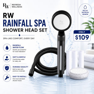 RainFall SPA Shower Head (Black) – High Pressure + Black Hose + 3 Filters