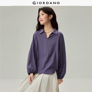 GIORDANO Women Shirts Skipper Collar Curved Hem Shirts Long Sleeve Fashionable Casual Loose Shirts 13346622