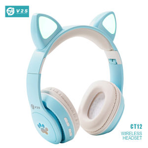 V2S Cat Ear Foldable Wireless Rechargeable Headphone With Built-in Microphone With Universal Aluminum Headphone Stand