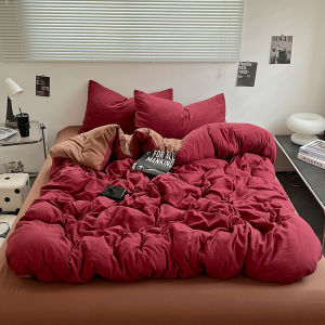 Dansunreve 4in1 Quilt Cover Fitted Bedsheet Set Washed Cotton Queen/King Comforter Cover Set Plain Bedding Sets