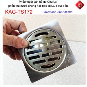 Phễu thoát sàn 10x10 cm Chu Lai SUS304 KAG-TS172 Ga thoát nước nhà tắm ống D90-114 thoát nhanh chống hôi tốt