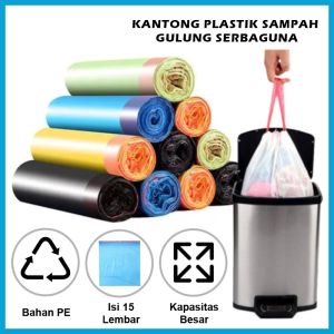 2 PCS Roll Kantong Plastik Sampah Roll Ukuran 45x50Cm Dengan Tali Pengikat Isi 15 Lembar / Tas Kresek Sampah Dapur Gulung Serbaguna Sekali Pakai / Disposable Garbage Bags Cocok digunakan di dapur toilet kantor kamar