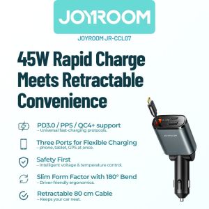 Joyroom CCL07 Car Charger | 3-in-1 Retractable Cable dengan Fast PD30W | Slim Body 180° Adjustable