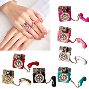 DJDK Enamel Glaze Telephone Enamel Ring ic Detachable Shiny Rhinestone ic Split Ring Niche Design Jewelry Vintage Style Gold Plated Ring Party Night