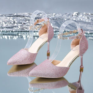 [Free Shipping] Womens High Heels 2025 Summer New Style Pointed Toe Shallow Mouth Thin Heel with Rhinestones Silver Bridal Wedding Sandals