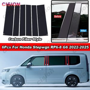 6x Glossy Carbon Fiber PC Material Car Door Window Middle Column Center B C Pillar Post Cover Trim Mirror Effect Sticker For Honda Stepwgn RP6 RP7 RP8 2022 2023 2024 G6 Accessories