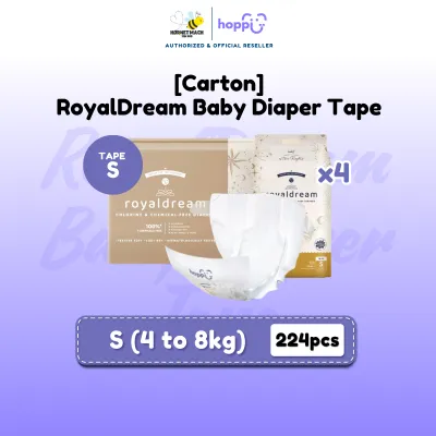 [CARTON] Hoppi RoyalDream Baby Diaper Tape NB66/S56/M44/L40 (4 Packs) 100% 7 Chemicals-Free*