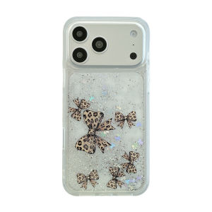 Leopard Bow Dynamic Quicksand Case for iPhone 17 16 15 Pro Max Transparent Glitter Moving Sand Hard Back Cover Fashion Girl Capa