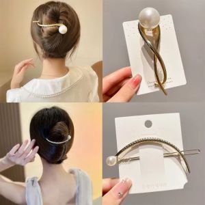 Korean Metal Pearl Hairpins Frog Buckle Hair Clips Fashion Ponytail Barrettes Hairgrips Headwear For Women Hair Accessories