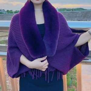NOBLELYN Womens Cardigan Cape Cloak Plush Wraps Winter Warm Faux Fur Collar Knitting Shawl