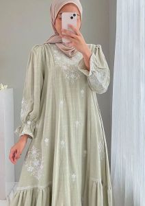 Edelia Dress Polo Linen Apk Bordir Gamis Wanita Terbaru 2024 Viral Dress Kondangan Wanita Elegan