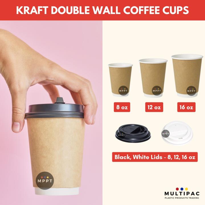 [50 PCS] - Kraft Double Wall Coffee Paper Cups and Black/White Lid (8 ...
