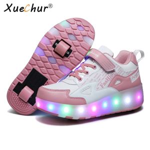 XueChur 2024 Two Wheels Luminous Sneakers Black Red Led Light Roller Skate Shoes for Children Kids Led Shoes Boys Girls Shoes Light Up 28-43