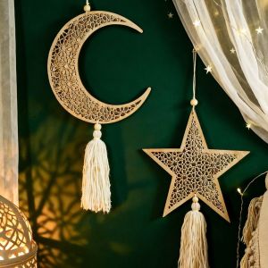 REGISTR Handmade Ramadan Hanging Ornaments Traditional Hollowed-out Eid Mubarak Muslim Decor Handicraft Art With Tassel Moon Star Hollow Mesh Wall Decor Ramadan Celebration
