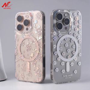 Retro Flower Laser for Magsafe Case for iPhone 14 15 16 Pro Max Plus Aurora Transparent Wireless Charge Cover for iPhone 16 Pro