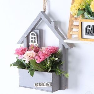 UMBRAULI Wall Mounted Wall Hanging Flower Basket House Shaped Wooden Pendants Artificial Flower Display Stands Home Decor Ornaments Wall Planter Holder for Wedding Party