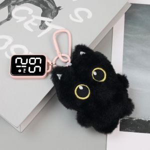 LUMINOU dây chuyền mèo đen Đồng hồ treo điện tử Màn hình kỹ thuật số Đèn LED Đồng hồ bỏ túi có móc khóa Di động Chống thấm nước Đồng hồ phát sáng Trẻ em Người lớn