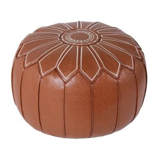 MP0Y Embroidered Pattern Fillable Ottoman Pouf Round Shape PU Leather Round Pouf Cover  Moroccan Style Floor Seat Cushion Living Room