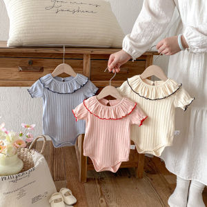 2026 Summer Cute Baby Bodysuit Ruffle Collar One Piece Clothes For 3M-2T Girls Pink Puff Sleeve Infant Clothing2026