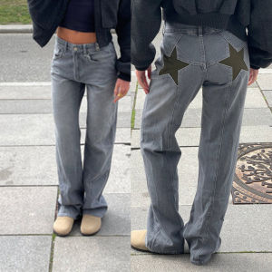 Womens Y2K Vintage Jeans Aesthetic Star Pattern Print Loose Straight Leg Denim Long Pants Casual Low Waist Trousers2026