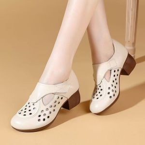 ZEEMIN Womens Summer New Leather Hollow Out Cave Sandals Block Sole Non Slip Round Toe Breathable High Quality Low Top Velcro Sandals