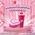 5.5 [ MINISO X Barbie ] Bundle Lunch Box & Tumbler Set | Kotak Makan tingkat 2 in 1 Bento Lunch Box Dua Lapisan dengan Garpu dan Sendok 1600 ml  & Tumbler Barbie Tempat Minum Durian Straw Cup Gelas Barbie Mode Cangkir Meja 700 ML. 