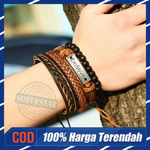 Pria Gelang Pria 4-Piece Set Kulit Sapi Paduan Tali Dikepang Manik-Manik Disesuaikan Gelang Hadiah