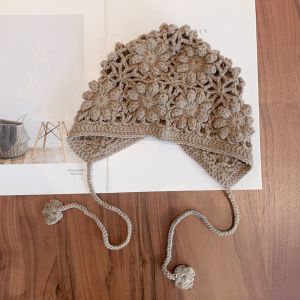 PURETEN Crochet Kids Knitted Hat Handmade Hollow Flower Beret Cap Breathable Bohemian Style Princess Cap for Child Girls
