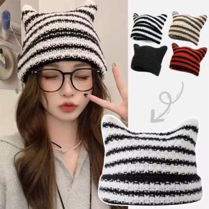 Y2K Beanie Hat Devil Ear Striped Knitted Wool Cap Autumn Winter Crochet Cat Ears Pointed Women Hats