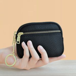 Genuine Leather Mini Coin Purse Women Zipper Wallet with Key Ring Card Pocket