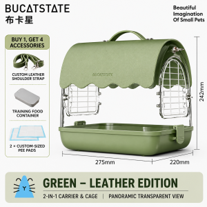 BUCATSTATE Portable Bird & Small Pet Carrier Cage – Green Leather Edition | Transparent Travel Cage