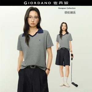 Giordano Women Embroidery contrast collar short sleeve knitwear Free Shipping 18356310