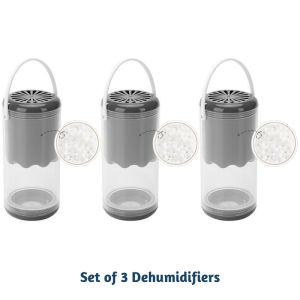 Dehumidifier box with recyclable desiccant absorbs moisture removes mold prevents dampness and eliminates odors.