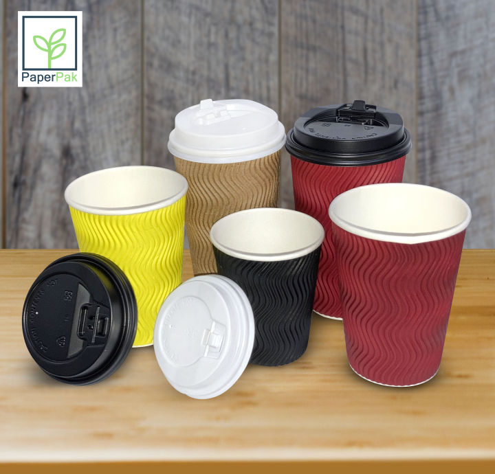 PaperPak 50 sets Wave Ripple Double Wall Hot Paper Cup with Lid 8oz ...