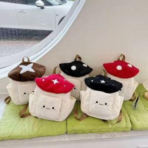 BMFUEW Polka Dot Embroidered Mushroom Backpack Star Plush Corduroy Shoulder Bag Fashion Korean Style Cartoon Childrens Schoolbag Boys/Girls