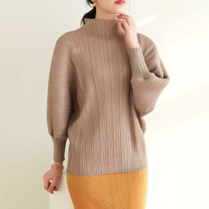 Miyake High-end Ruched Arm Slimming Casual Versatile Half Turtleneck T-shirt #2197