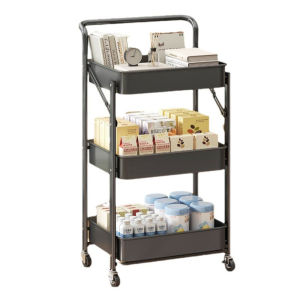 3 Tiers Foldable Kitchen Bathroom Trolley Storage Rack With Roller All Carbon Steel Multi-functional Snack Shelf Bathroom Toilet Organizer Utility Cart