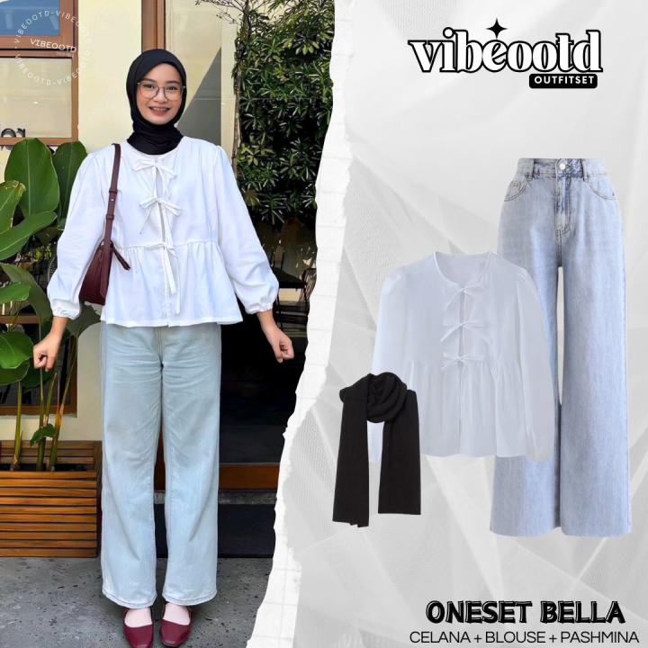 Saski Outfit Set Wanita Hijab Bawahan Celana Jeans Atasan