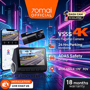 【18 Months Warranty】70mai V55 4K Dash Cam Dual Vision Car 24H Record FHD 3840+2160P UHD Night Vision 170° FOV WDR App Control Smart Enhanced Wifi Loop Recording G-Sensor Auto Voice Prompt
