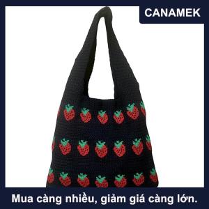 【CANAMEK】 Túi xách đan móc đeo vai họa tiết dâu tây ngọt ngào phong cách thường ngày dung tích lớn túi tote thời trang túi mua sắm dành cho nữ quà tặng