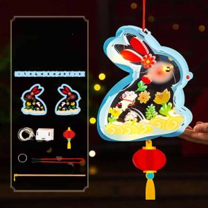 QFV5F กระดาษ โคมไฟเทศกาลกลางฤดูใบไม้ร่วง 3D กระต่าย โคมไฟมือถือสไตล์โบราณ แบบพกพา ป.ป. ชุดวัสดุทำโคมไฟ DIY สำหรับเด็ก ผู้หญิง