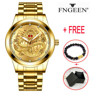 【With Free Bracelet & Watch Box 】Ykai Hot Sale Fashion Mens watch 3D Engraving Dragon Gold Watches For Men Top Brand Luxury Waterproof Luminous Full Steel Quartz Dragon Male Watch 2021 Male Watch [Buy 1 Get 2 Free Gift]