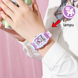 Jam Tangan Anak Anak Display Digital Analoq Dualtime Strap Rubber Karet Berlampu Motif Kuromi Meldoy