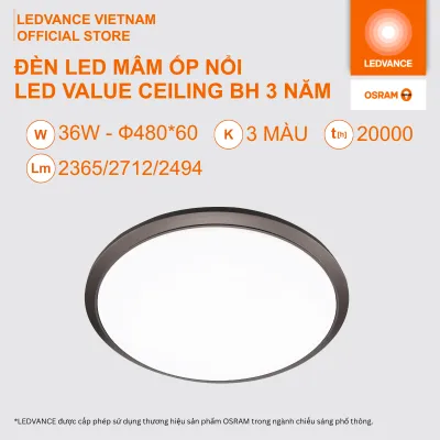 Đèn Mâm LED OSRAM Ốp Trần Nổi Viền Đen 24W- Ф380 / 36W - Ф480. 3 Màu Ánh Sáng Chất liệu PP+PS BH 3 Năm