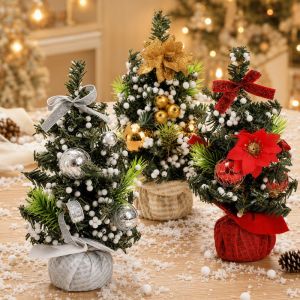 Momos life Mladen Mini Artificial Christmas Tree Ribbon Bow Ball Gold Red Silver Home Party Tabletop Decor