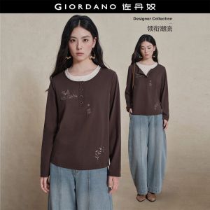 GIORDANO Women T-Shirts Fake Two-Piece Embroidery Tee Contrast Crewneck Long Sleeve Fashionable Casual T-Shirts 18326232