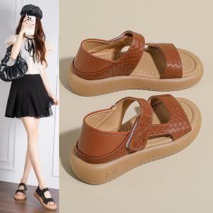 2026 New Large Size Vintage Woven Pattern Velcro Versatile Flat Thick-Soled Outdoor Sandals Comfortable