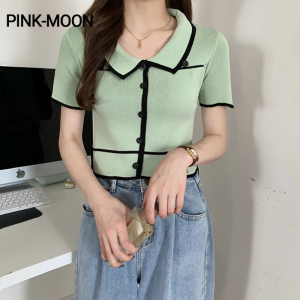 PM✿ T-shirt Thin Summer Sweet Polo Collar Short-sleeved Knitted Sweater Top Women