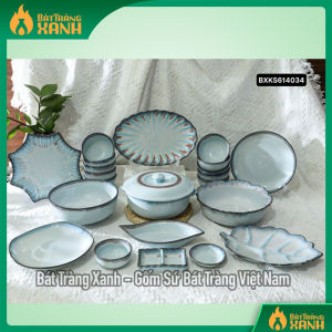 Bộ Bát Đĩa Bát Tràng Men Hỏa Biến Lam Ngọc Xanh Kim Sa Set Bát Đĩa Gia Đình Cao Cấp Nhiều Món