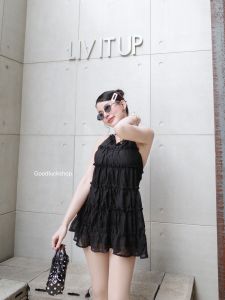 เดรสสั้นคล้องคอโขว์หลัง เดรสสั้นโชว์หลังเซ็กซี่ลายจุด สีดำ งานน่ารักมาก ใส่สบาย ภูเขา Good Luck (GL007)